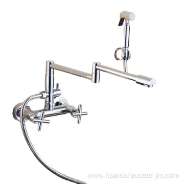 Kitchen faucet with shattaf sprayer commercial wall mount folding